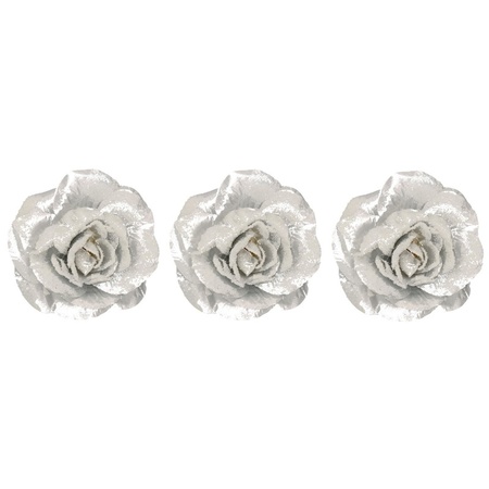 3x Kerst hangdecoratie op clip zilver bloempje/roosje 12 cm