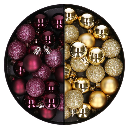 40x stuks kleine kunststof kerstballen aubergine paars en goud 3 cm