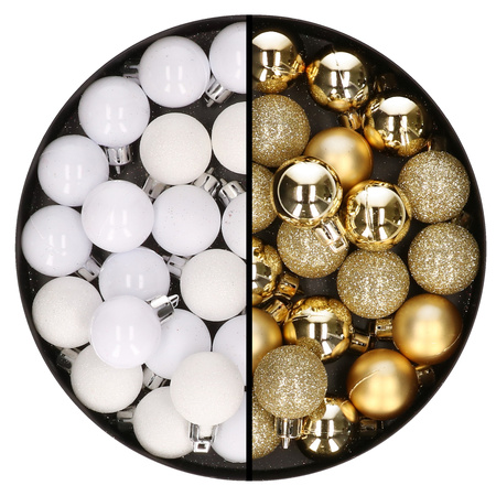 40x stuks kleine kunststof kerstballen goud en wit 3 cm