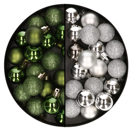 40x pcs small plastic christmas baubles green and silver 3 cm