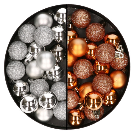40x pcs small plastic christmas baubles copper and silver 3 cm