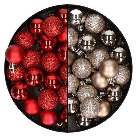 40x pcs small plastic christmas baubles red and champagne 3 cm