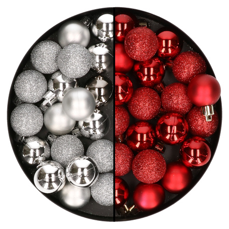 40x pcs small plastic christmas baubles red and silver 3 cm