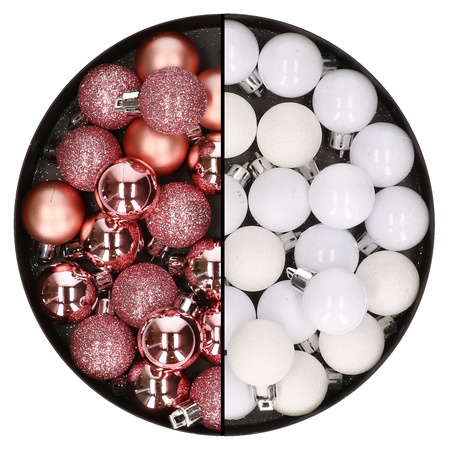 40x pcs small plastic christmas baubles pink and white 3 cm