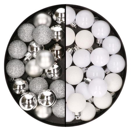 40x stuks kleine kunststof kerstballen wit en zilver 3 cm