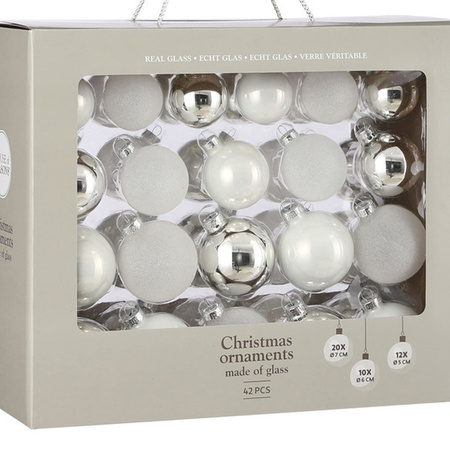 Kerstballenpakket 42x witte kerstballen van glas 5-6-7 cm