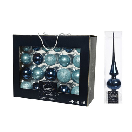 42x stuks glazen kerstballen ijsblauw (blue dawn)/donkerblauw 5-6-7 cm inclusief donkerblauwe piek