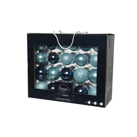 42x stuks glazen kerstballen ijsblauw (blue dawn)/donkerblauw 5-6-7 cm inclusief donkerblauwe piek