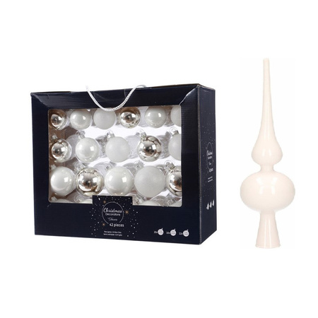42x stuks glazen kerstballen wit/zilver 5-6-7 cm inclusief witte piek