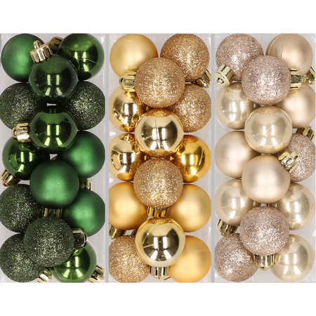 42x stuks kleine kunststof kerstballen goud, champagne en donkergroen 3 cm