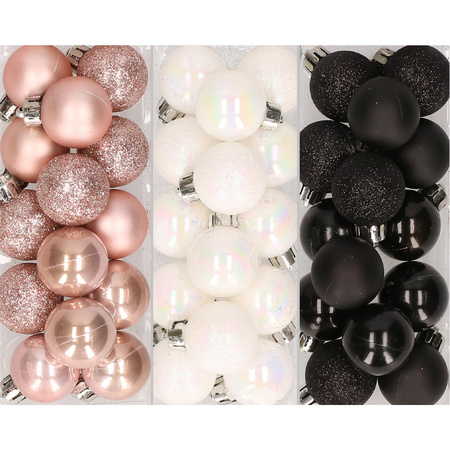 42x pcs mini plastic christmas baubles mix of black, light pink and pearl white