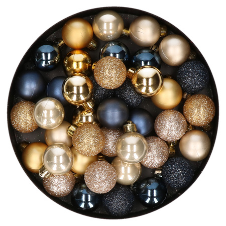 42x stuks kunststof kerstballen donkerblauw, champagne en goud mix 3 cm