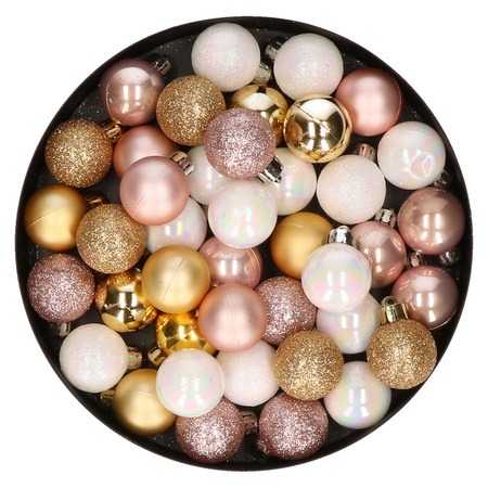 42x stuks kunststof kerstballen lichtroze, parelmoer wit en goud mix 3 cm