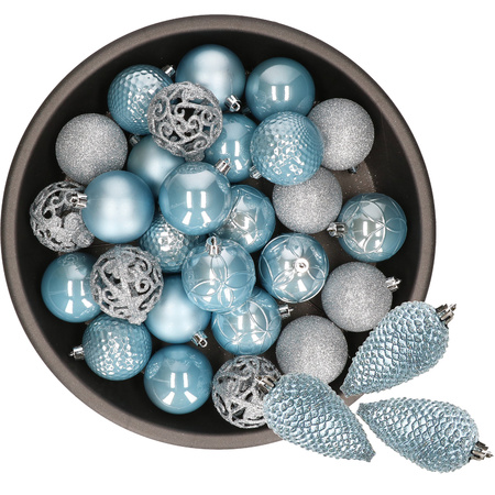 43x stuks kunststof kerstballen en dennenappel ornamenten lichtblauw
