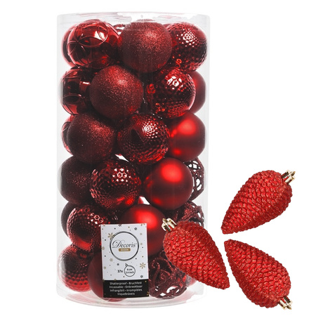 43x stuks kunststof kerstballen en dennenappel ornamenten rood