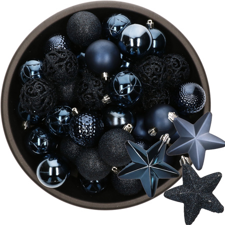 43x stuks kunststof kerstballen en sterren ornamenten donkerblauw
