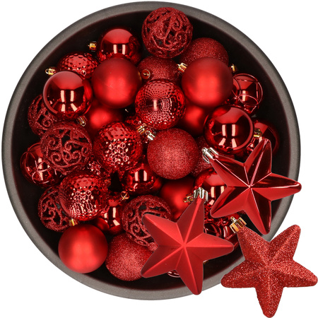 43x stuks kunststof kerstballen en sterren ornamenten rood