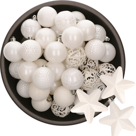 43x stuks kunststof kerstballen en sterren ornamenten wit