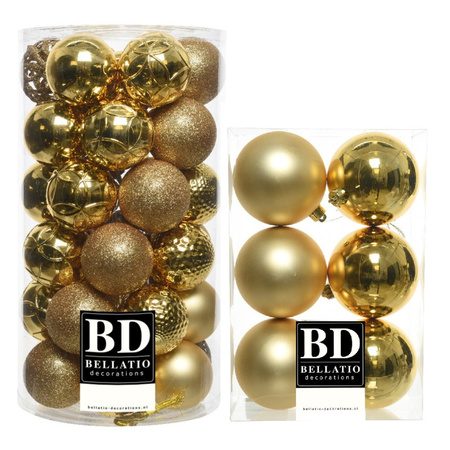 43x pcs plastic christmas baubles gold 6 and 8 cm shiny/matte/glitter mix