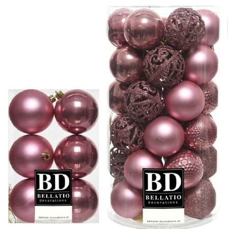 43x pcs plastic christmas baubles velvet old pink 6 and 8 cm shiny/matte/glitter mix