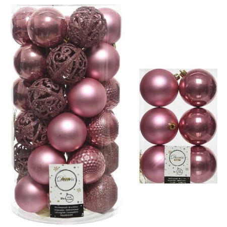 43x pcs plastic christmas baubles velvet old pink 6 and 8 cm shiny/matte/glitter mix