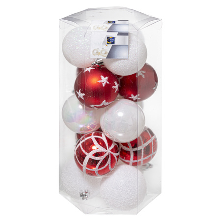 45x stuks kerstballen mix wit/rood gedecoreerd kunststof 5 cm