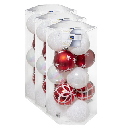 45x stuks kerstballen mix wit/rood gedecoreerd kunststof 5 cm