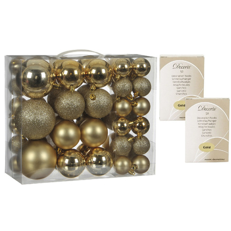 46x pcs plastic christmas baubles gold 4, 6 and 8 cm including christmas hooks