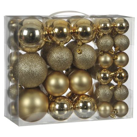 46x pcs plastic christmas baubles gold 4, 6 and 8 cm including christmas hooks
