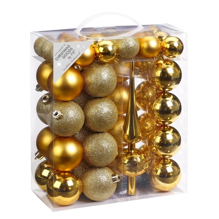 47x Kunststof kerstballen pakket met piek goud