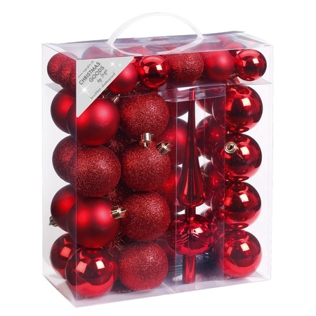 47x Kunststof kerstballen pakket met piek rood