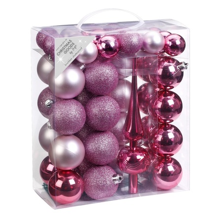 47x Kunststof kerstballen pakket met piek roze