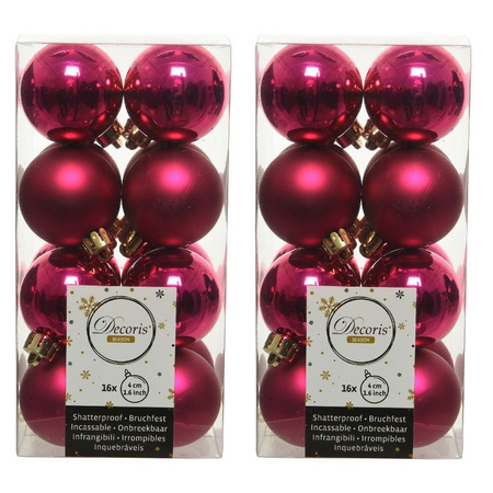 48x Berry pink Christmas small baubles 4 cm plastic matte/shiny