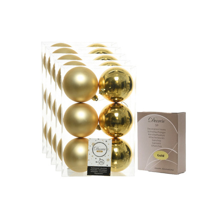 48x Kunststof kerstballen glanzend/mat goud 8 cm kerstboom versiering/decoratie met haakjes