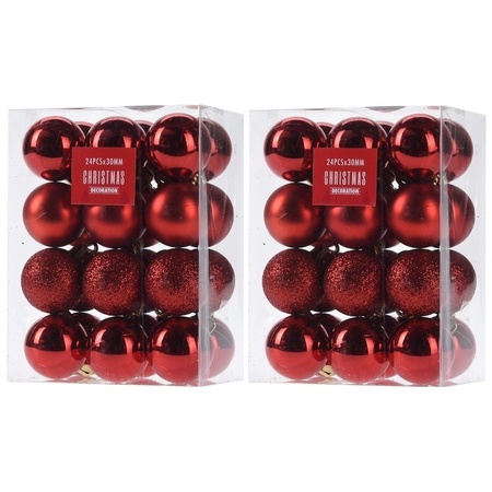 48x Red Christmas baubles 3 cm plastic matte/shiny/glitter