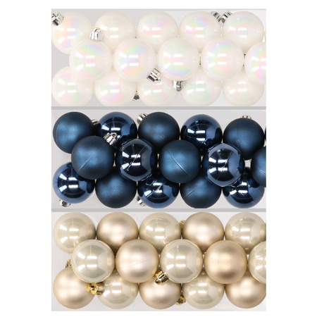 48x Christmas baubles mix pearlescent white, dark blue and champagne 4 cm plastic matte/shiny