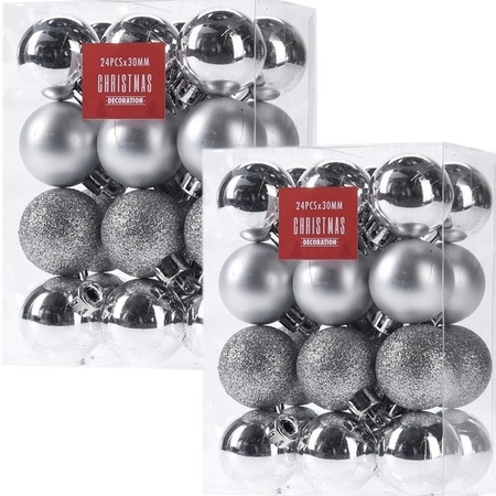 48x Silver Christmas baubles 3 cm plastic matte/shiny/glitter