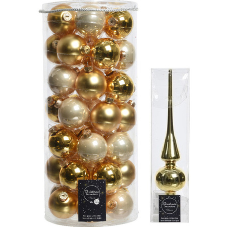 49x stuks glazen kerstballen goud 6 cm inclusief gouden piek