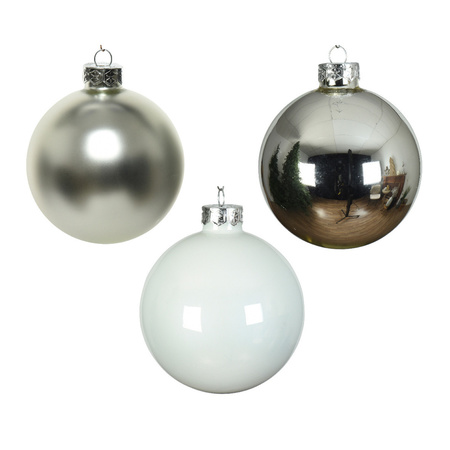49x stuks glazen kerstballen wit en zilver 6 cm glans en mat