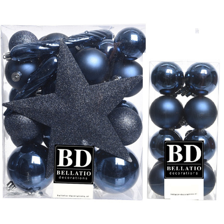 49x stuks kunststof kerstballen met ster piek donkerblauw mix