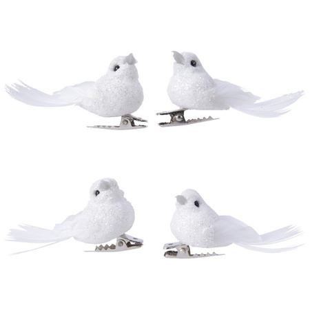 4x Decoratie glitter vogeltjes wit op clip 5 cm