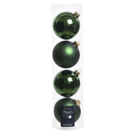 4x Dark green glass Christmas baubles 10 cm shiny and matte