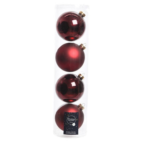 4x Dark red glass Christmas baubles 10 cm shiny and matte