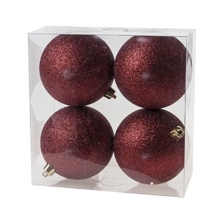 4x Kunststof kerstballen glitter donkerrood 10 cm kerstboom versiering/decoratie