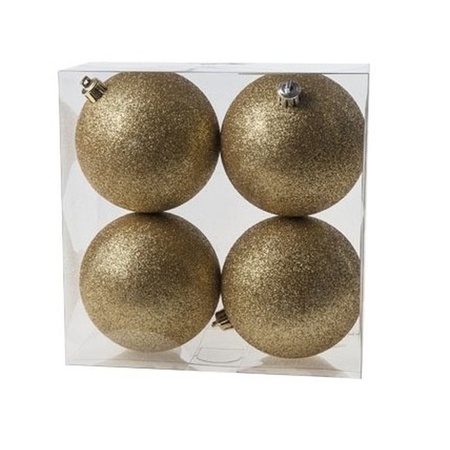 4x Kunststof kerstballen glitter goud 10 cm kerstboom versiering/decoratie