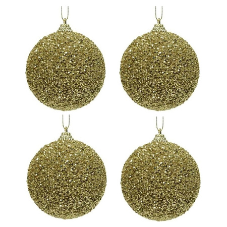 4x Kerstballen gouden glitters 8 cm met kralen kunststof kerstboom versiering/decoratie