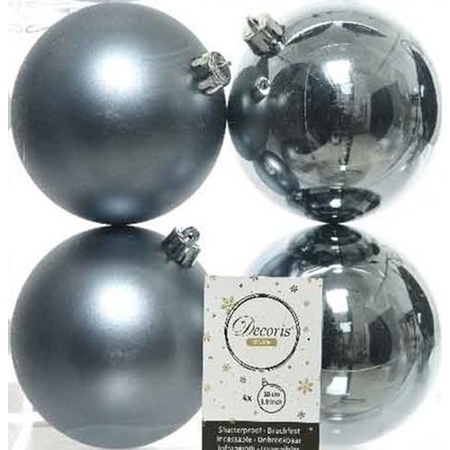 4x Grey blue Christmas baubles 10 cm plastic matte/shiny