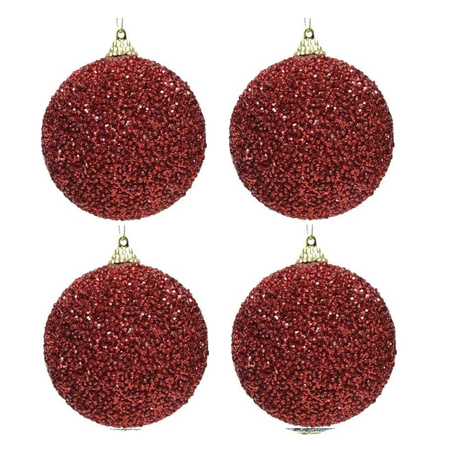 4x Kerstballen kerst rode glitters 8 cm met kralen kunststof kerstboom versiering/decoratie