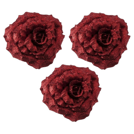 4x Kerstversieringen glitter roos rood op clip 18 cm