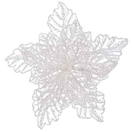 4x Kerstversieringen glitter kerstster bloemen wit op clip 23 x 8 cm